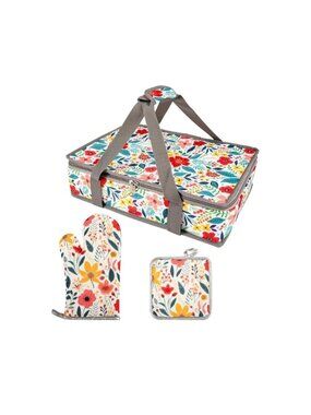 Pioneer Woman Style Floral Insulated Casserole Carrier Oven Mitt & Potholder